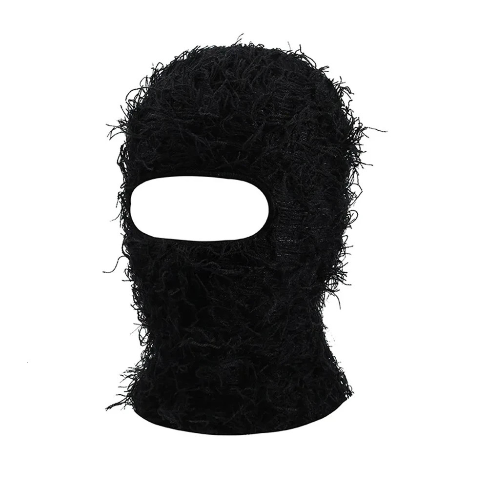 1pcs Balaclava Distressed Knitted Full Face Ski Mask For Men Women Beanies Hats Camouflage Winter Warm Windproof Hats Black Red 250214