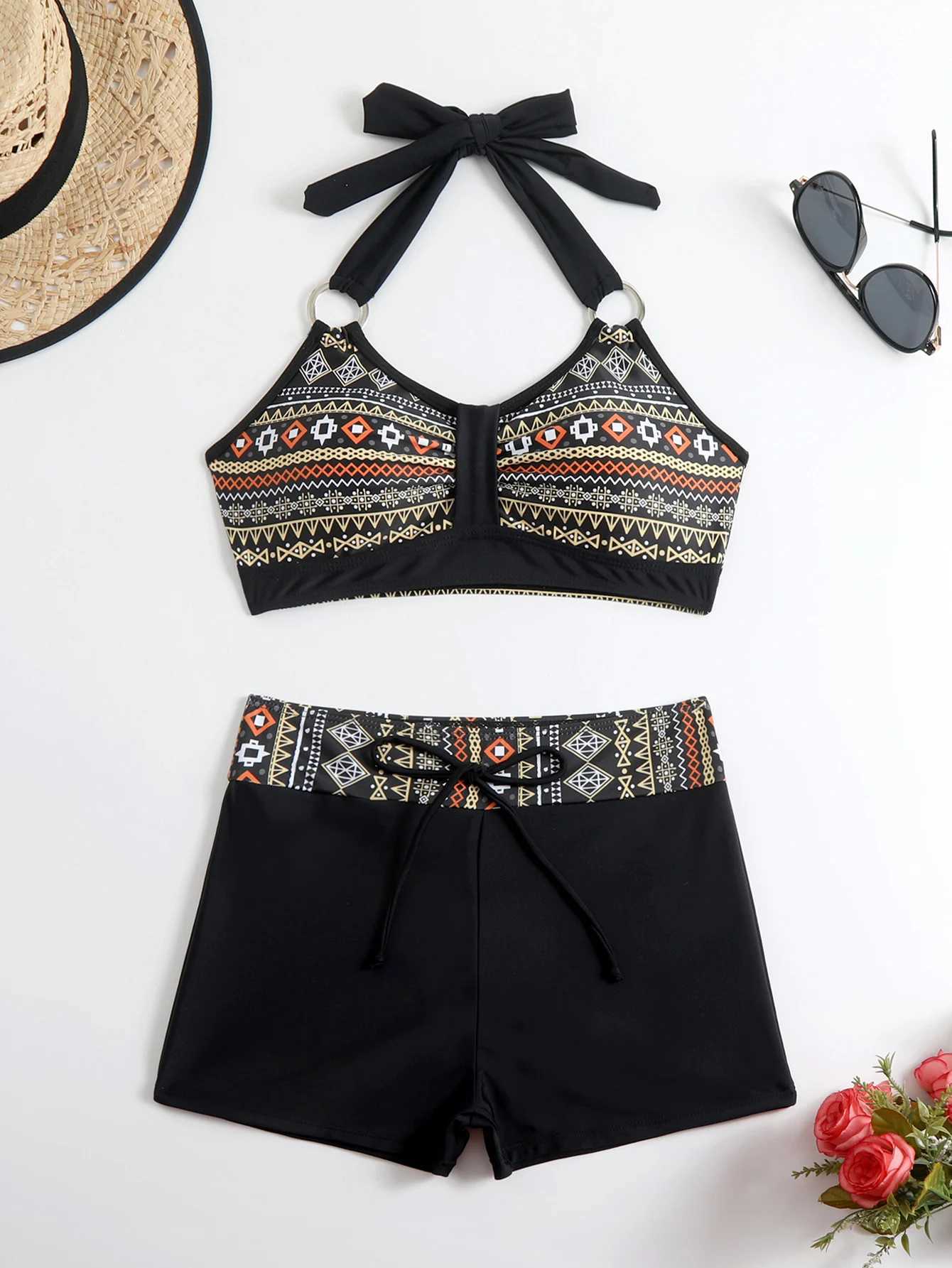 2025 High Waist Bikinis Halter Swimsuit Women Sexy Ring Link Swimwear Female Bathers Bathing Swimming Swim Suit BeachwearW250214