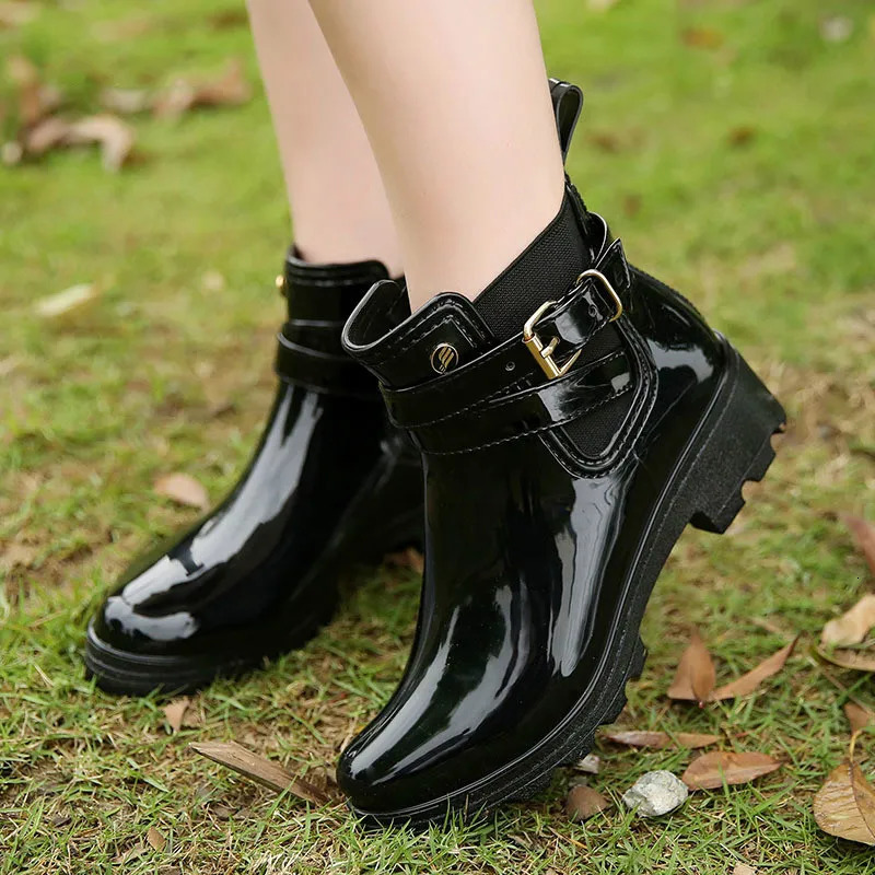 lady PVC Ankle Rain Boots Shoes Women Waterproof Short tube bright face ladies PVC elastic rubber shoes U-shaped water shoes 250213