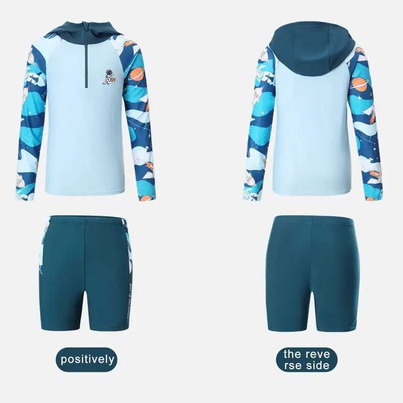 Sun Protection UPF 50+ Long Sleeve Swimming Sunsuit With Hat Children Boys Swimsuit Kids Split Bathing SuitsXJ250214