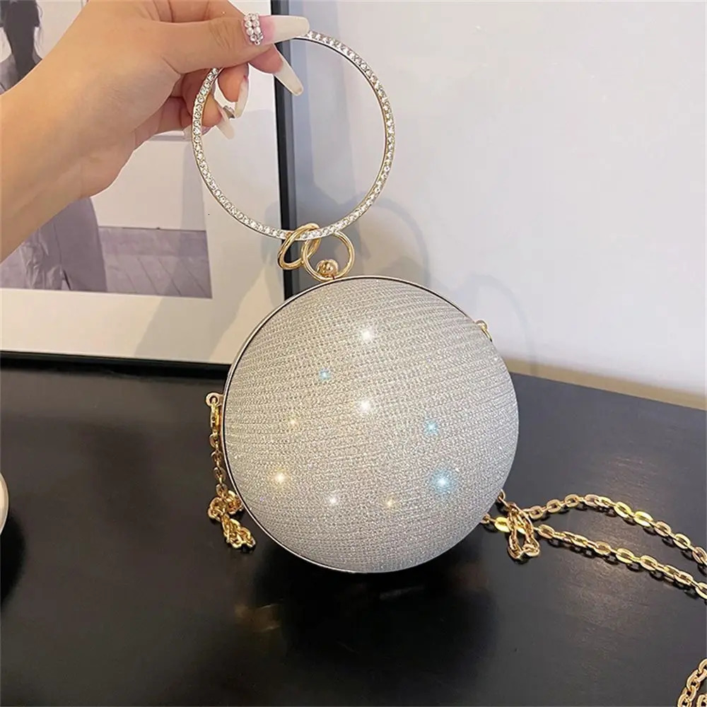 Gold Bright Silk Circular Evening Bag Women Banquet Clutch Decor Chain Shoulder Bags Female Party Handbags 250213