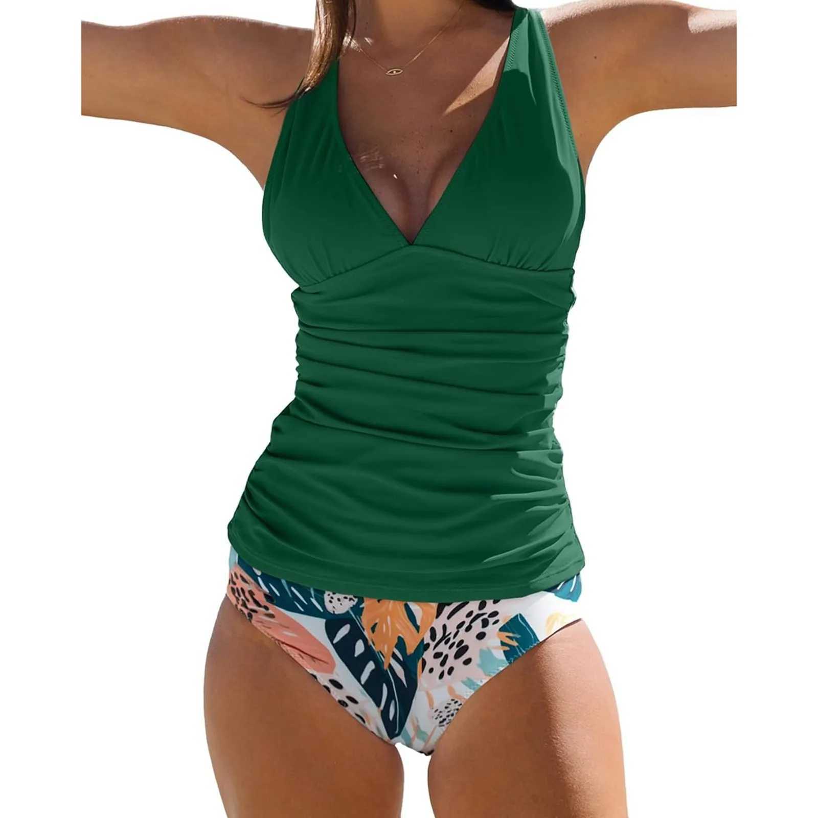 Womens floral print 2-piece swimsuit V-neck Tankini set cute split swimsuit womens beach swimsuit environmentally friendlyW250214