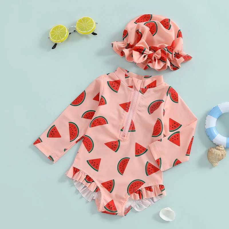 1-5T Toddler Girl Rash Guard Swimsuit Lemon/Watermelon Print Long Sleeve Mock Neck Zipper Bathing Suit with Hat SetXJ250214