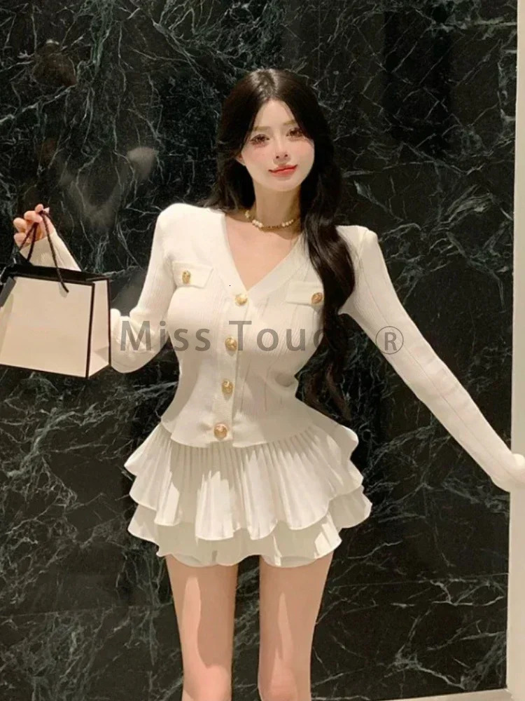 Winter Elegant Knitted Two Piece Set Women V-neck Sweater TopsCake Skirt Female Casual Korean Fashion Slim Vintage Set 250210