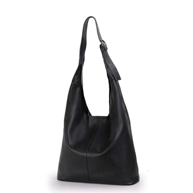 Women's large capacity shoulder with minimalist design, black high-quality cowhide soft bag