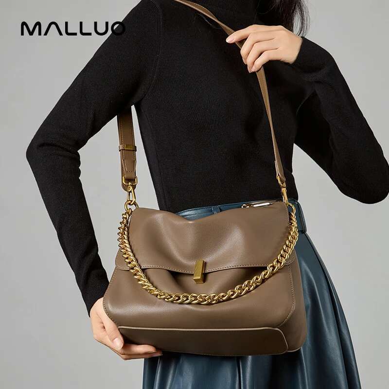 Women Large Korean Cow Flap Shoulder Chain Bag Solid Genuine Leather Female Crossbody Handbag Messenger
