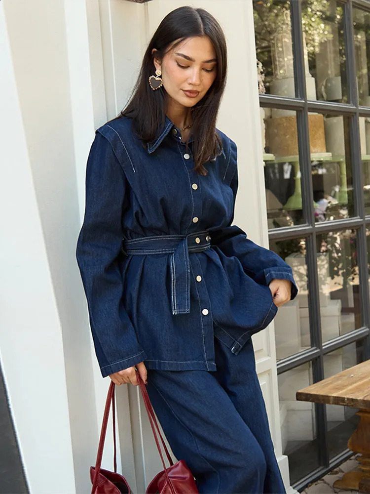 Vintage Denim Jacket Pant Sets Women Single Breasted Lapel Long Sleeve Belt Coat Wide Leg Trousers Jeans High Street Outfits 250210