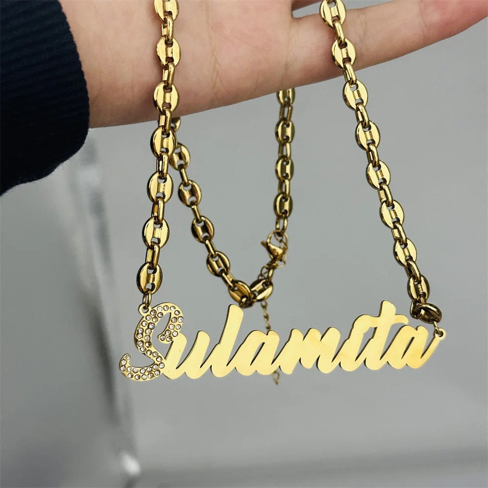 Customized name necklace personalized coffee bean chain stainless steel letter pendant mens and womens jewelry 250214