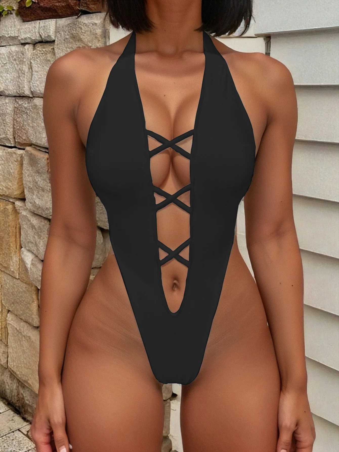sexy solid cross backless swimsuit one piece bikini thong swimwear bodysuits women biquini bathing suits black and white 2 colorT250214