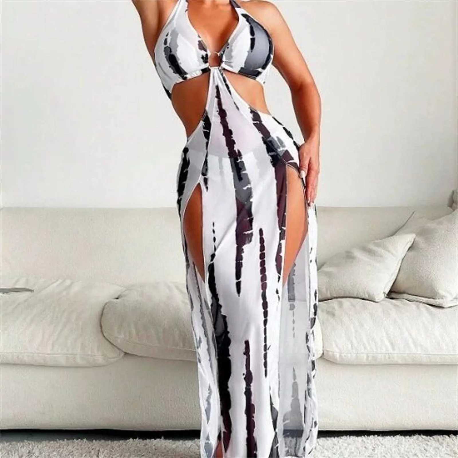 3 Pieces Halter Ring Link Bikini 2024 Women Cut Out Side Cover Up Dress Hollow Out Swimsuit Bathing Suit Female Sexy SwimwearW250214