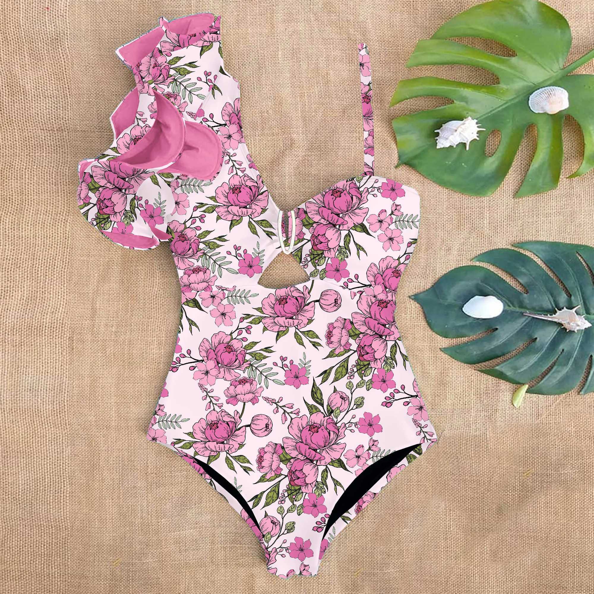 2025 New Arrival Ruffle Swimwear Single Shoulder One Piece Swimsuit Women Floral Printed Tropical Summer Beach Bathing SuitW250214
