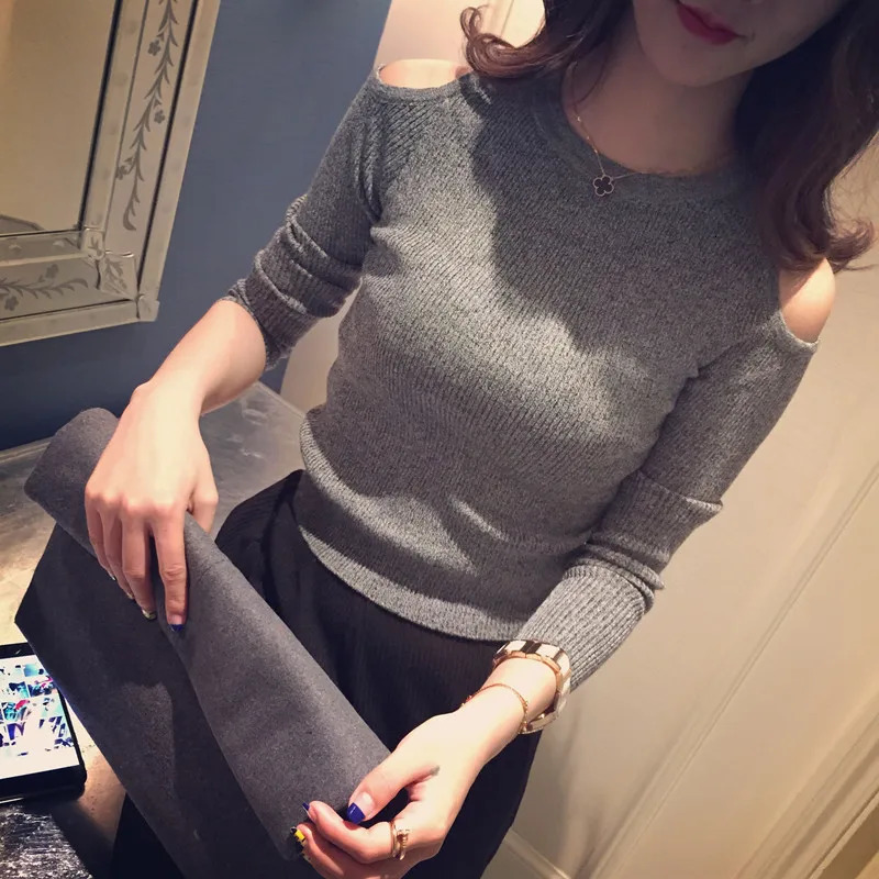 Autumn and Winter Womens Knitted Tight Pullover Sweater Shoulder Long Sleeve Top Casual Womens Wear 250210