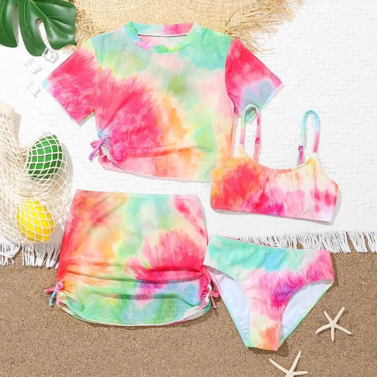 Girls 4 Pack Tie dye Print Short Sleeve Bikini with Skirt Drstring Swimsuit 7-12 Years Childrens Swimwear Kids Bathing SuitXJ250214