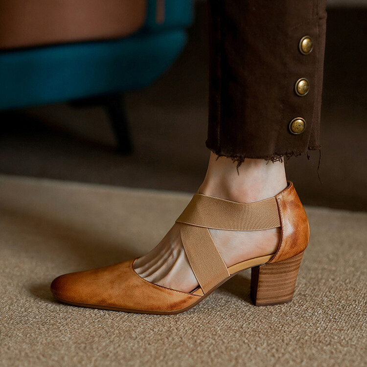 2025 new thick heel square head cross strap single shoe retro high heels all match sandals