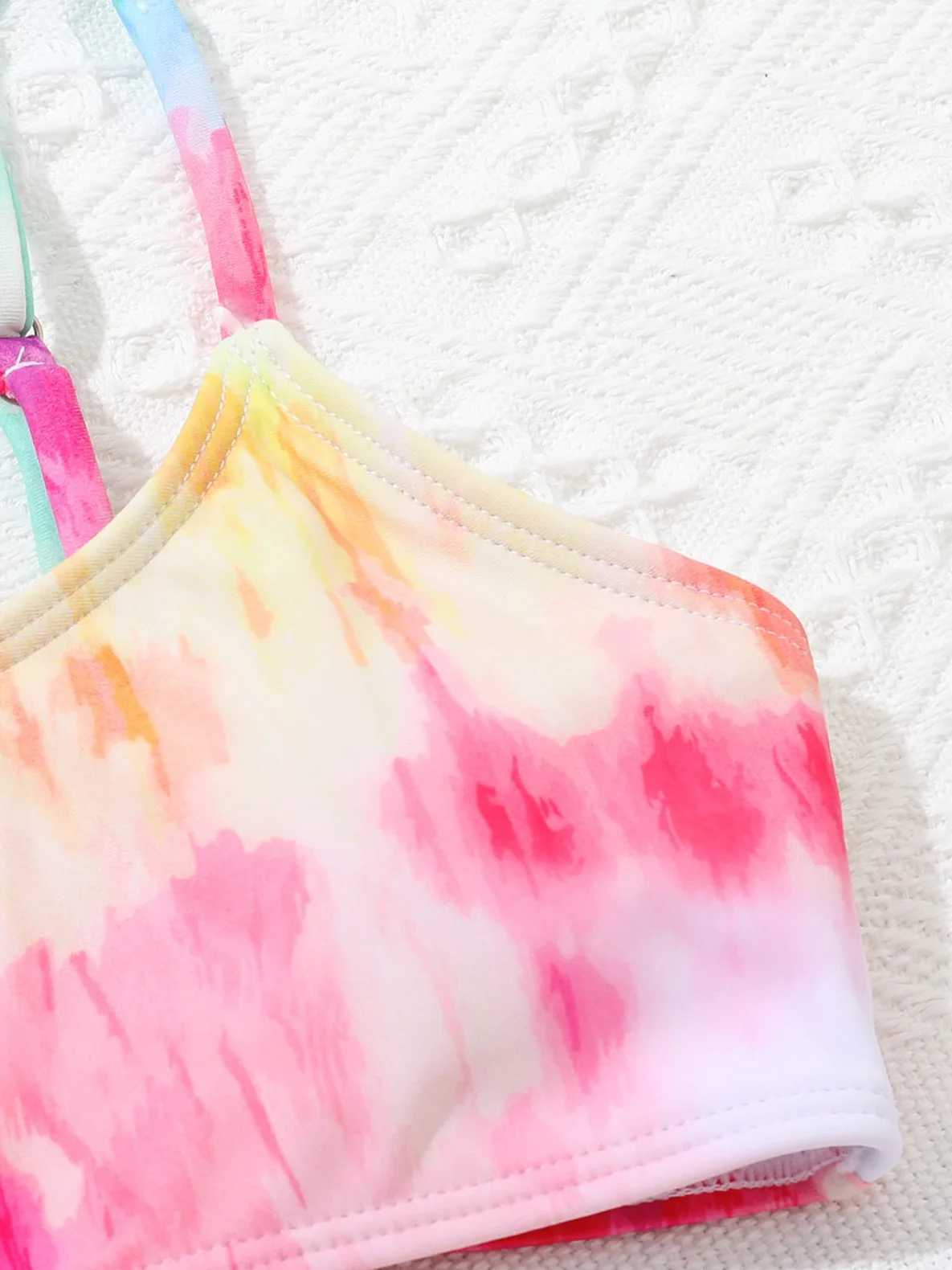 Girls 4 Pack Tie dye Print Short Sleeve Bikini with Skirt Drstring Swimsuit 7-12 Years Childrens Swimwear Kids Bathing SuitXJ250214