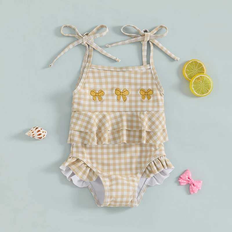 MISOWMNJOY Baby Strap Beachwear for Girls Swimsuit Cute Spaghetti Straps Tie-up Embroidery Bow Plaid Kids Swimming Bathing SuitXJ250214