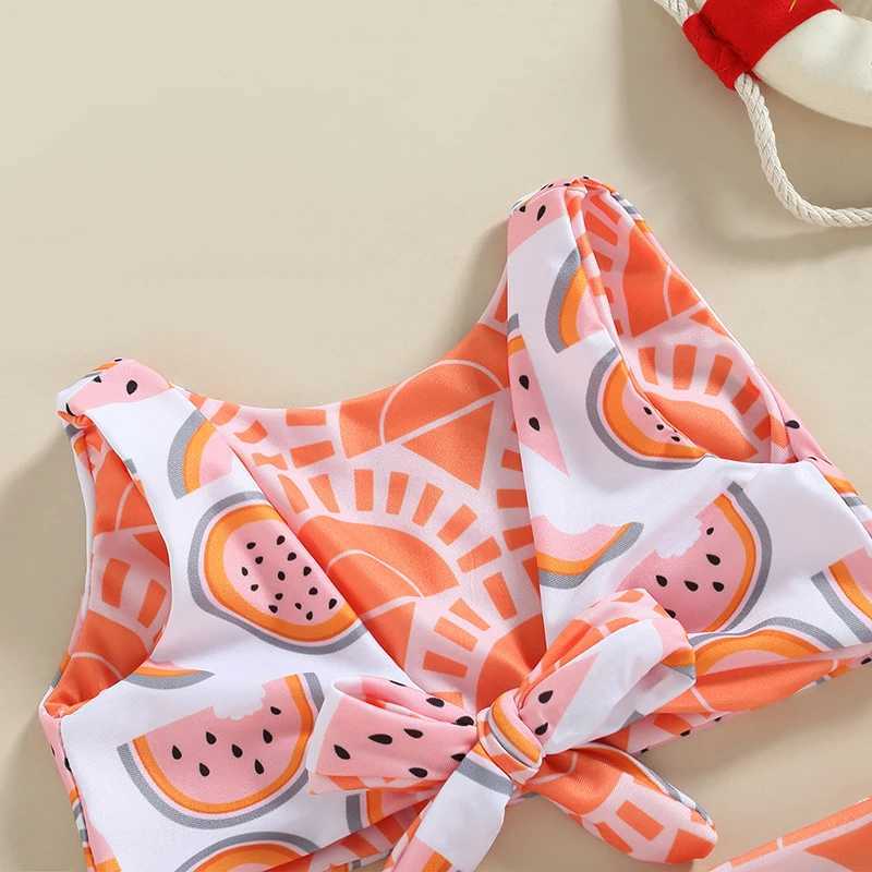 Kid Girl Swimsuit Two Pieces Sets Sleeveless V Neck Watermelon Print Striped Swimwear Summer Swimming Beach Bathing SuitXJ250214
