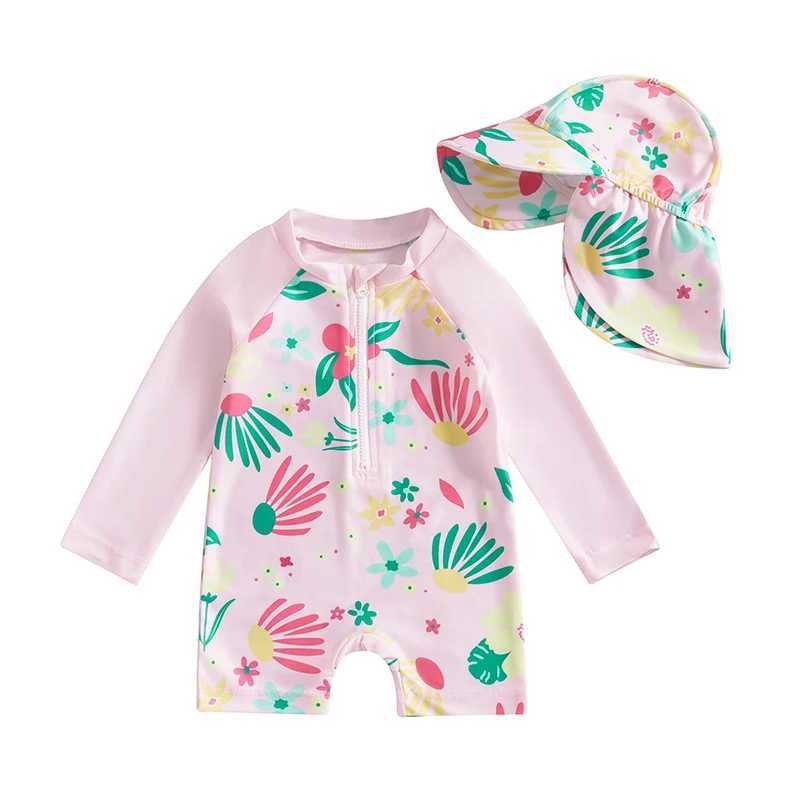 1-4Y Children Toddler Girl Long Sleeve Swimsuit Floral Print Half Zipper Non-Pilling Rash Guard Swimwear Sunhat Set SportswearXJ250214