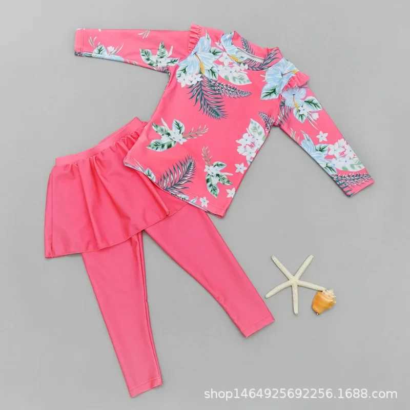 Girl Two Pieces Suit 3-11 Year Children Long Sleeve Skirt Swimsuit Kid Cute Flower Print Swimwear Baby Bathing SuitXJ250214