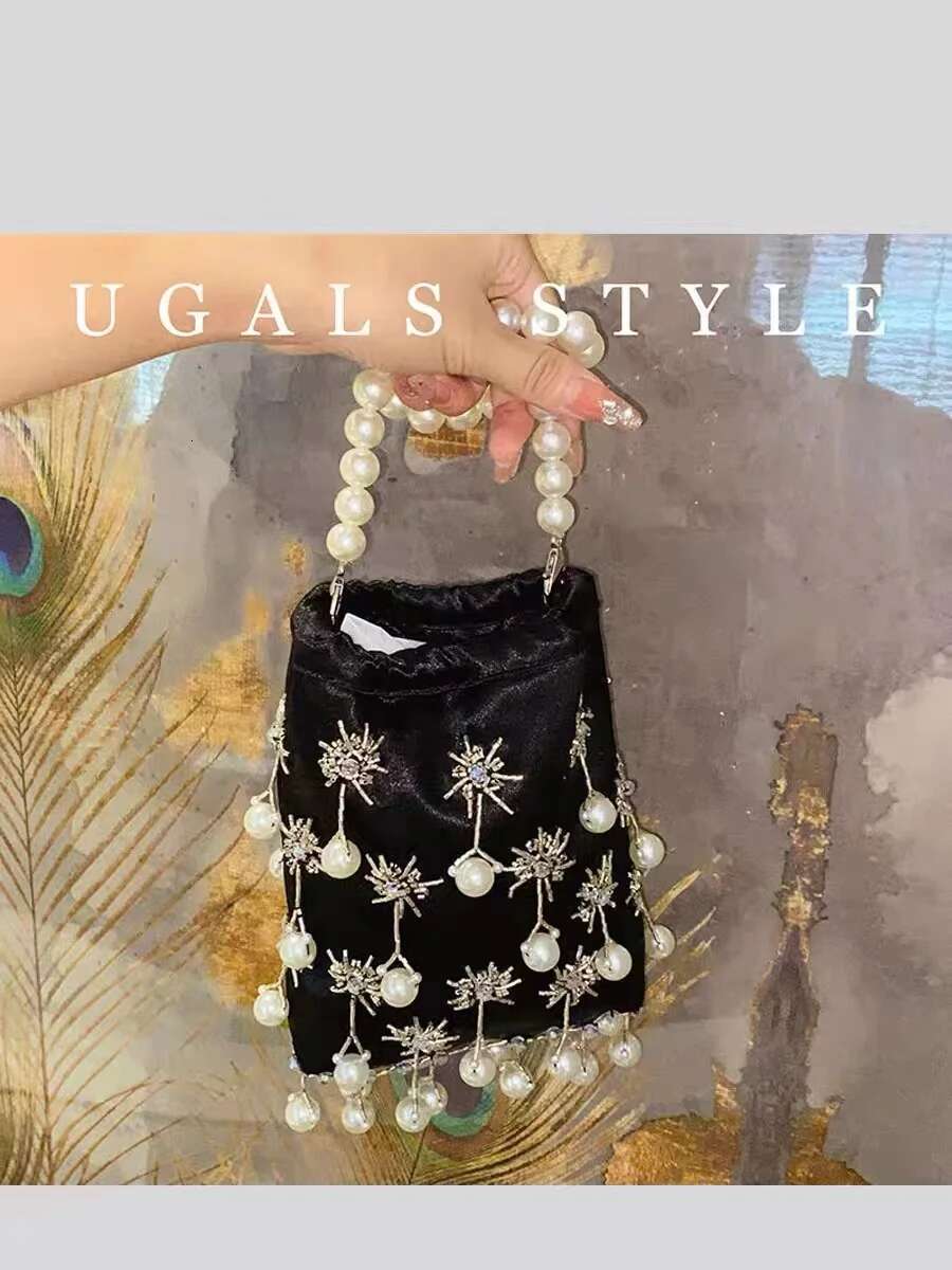 Pearl Beaded Women's Handbag Fashion Beads Beading Handmade Veet Evening Wedding Party Clutch Purse Female Crossbody Bag