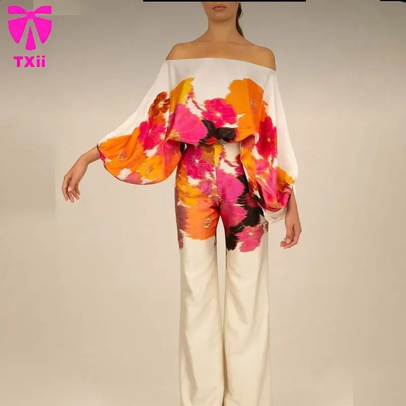 Office Womens 2-piece Set Casual Wide Leg Pants Set Printed Satin Set Lantern Sleeves Off Shoulder Long Sleeve 250210