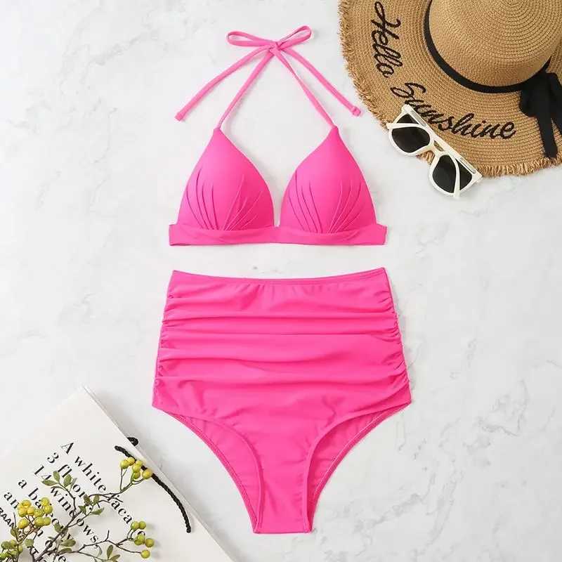 Push Up Bikinis 2024 Women Swimsuit Solid High Waist Swimwear Female Summer Swimming Bathing Suit Mayo Beachwear Red White PinkW250214