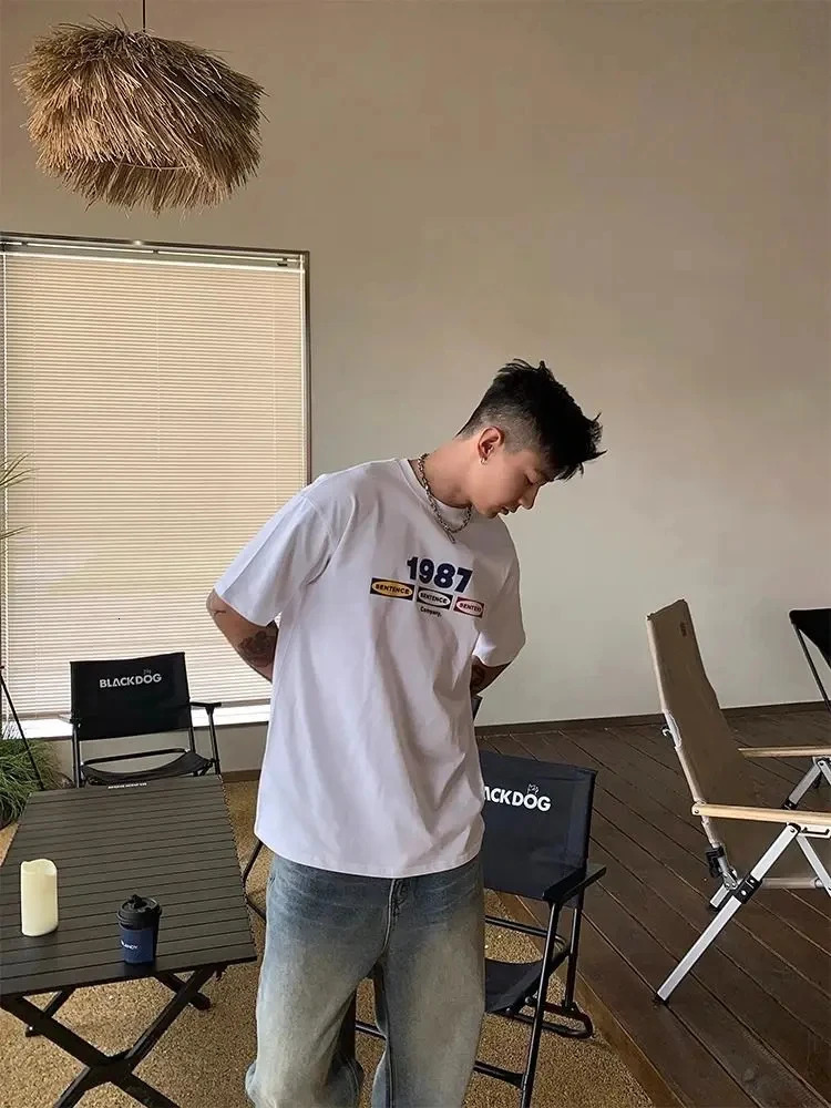 Summer Cotton Hanxin Printed T-shirt American Retro Round Neck Mens Y2k Casual White Half Sleeve Top 250213