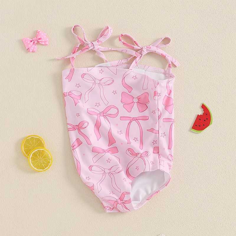 Children s Girls Two-Piece Swimsuit Set with Elastic Waistband and Cute Bow Print Design for Summer Beach FunXJ250214