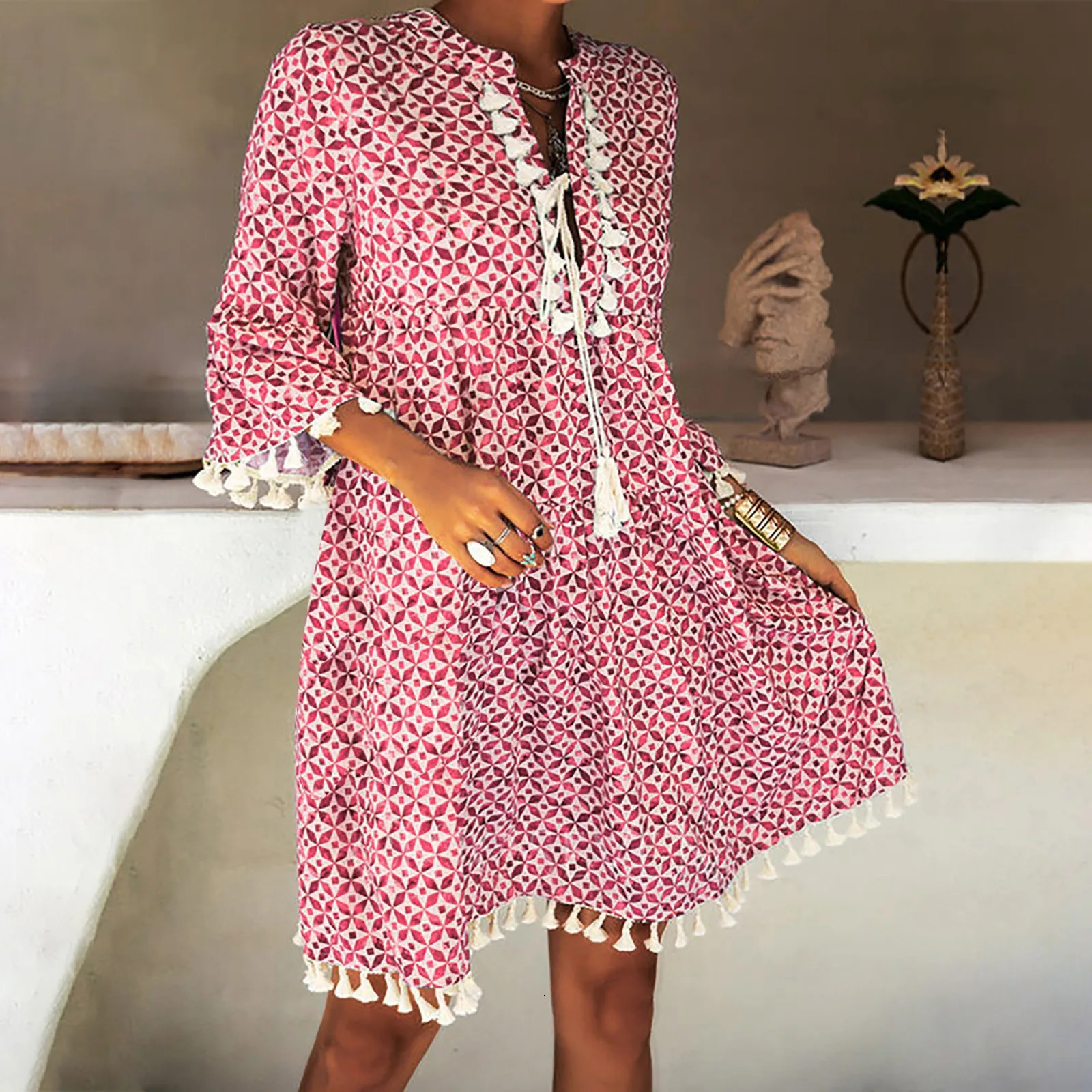 Ladies Holiday Lace Trim V Neck Short Sleeve Loose Beach Dress with Pockets Fashion Women Summer Casual Bohemian Print Dress 250213