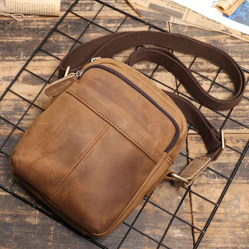 Leathfocus Men's Leather Shoulder Vintage Simple Vertical Phone Cowhide Sg Satchel 7.9-Inch Ipad Bag