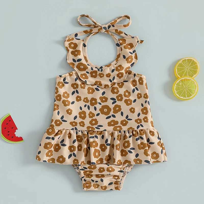 0-3T Toddler Girl Halter Neck Swimsuit Floral Print Romper Dress Bathing Suit Ruffled BeachwearXJ250214