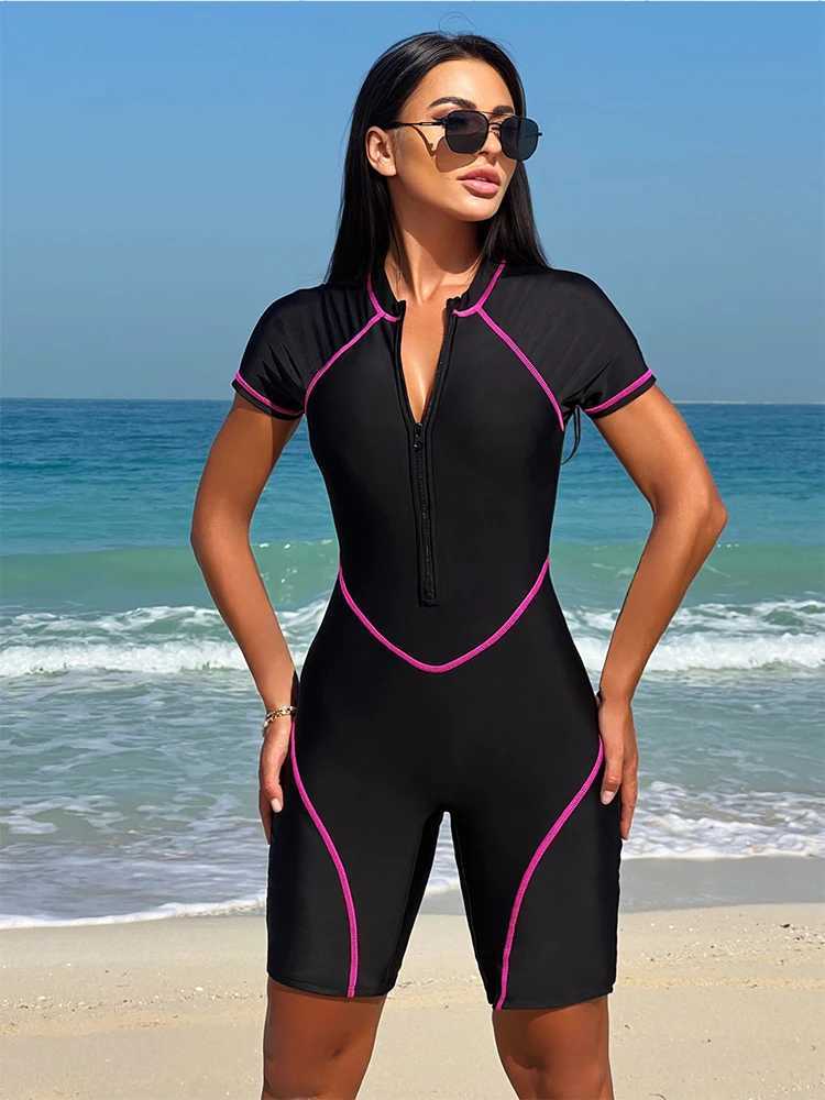 Peachtan full swimsuit womens new swimsuit Korean style black short sleeved one-piece swimsuit womens sports surfing suitW250214