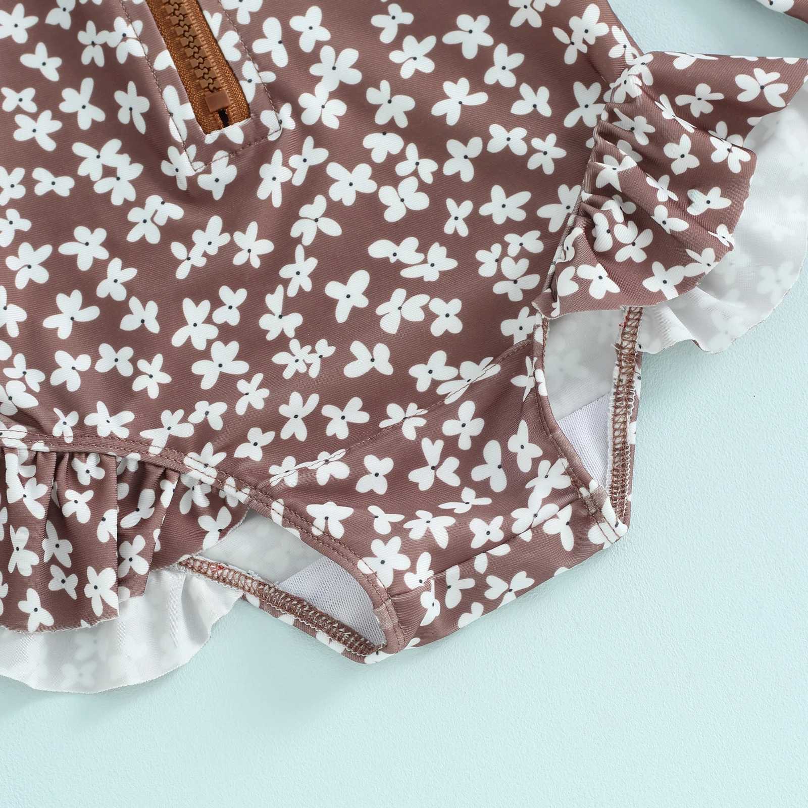 Baby Girls Bathing Suit Outfits Round Neck Flower Print Long Sleeve Zipper Swimsuit and Swim Cap Toddler Baby Beach Wear SetXJ250214