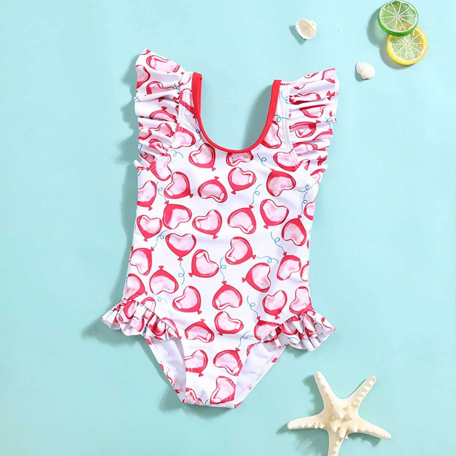 Swimsuit With Short Summer Toddler Girls Prints Ruffles 1 Piece Swimwear Beach Onesie Swimming Suits For Girls Size 8XJ250214