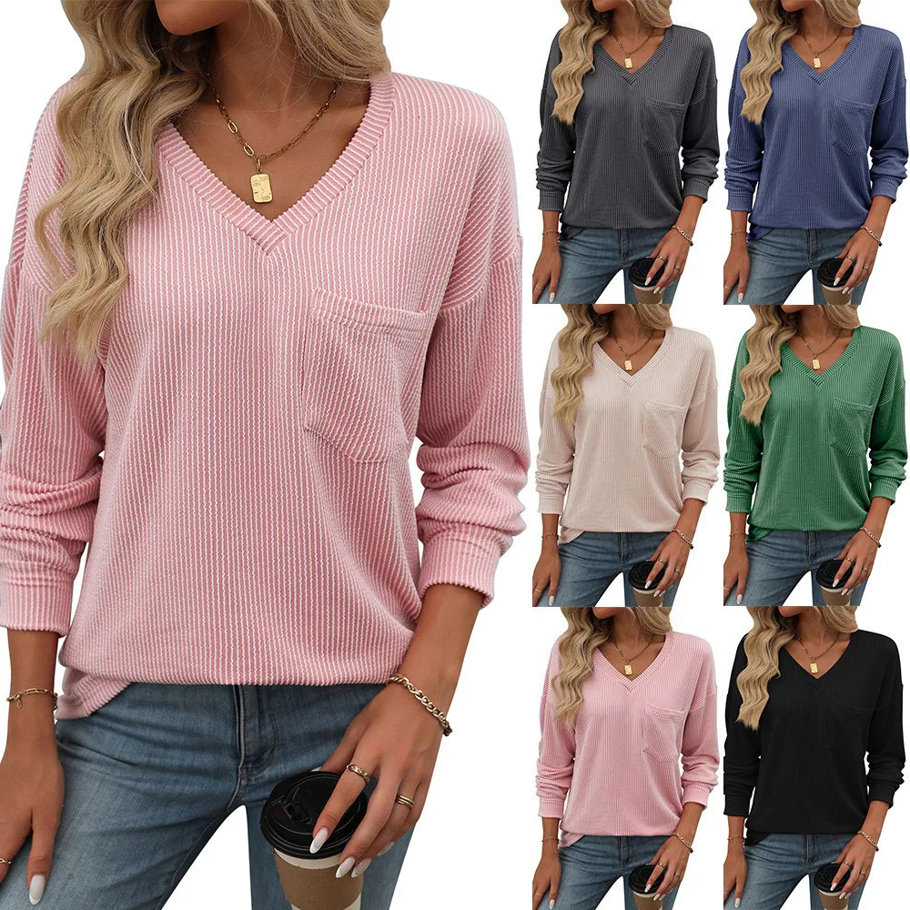 Womens Long Sleeve Tops Spring Autumn Knitted Pullovers Round Neck Striped Contrasting Sleeved Casual Sweater 250211