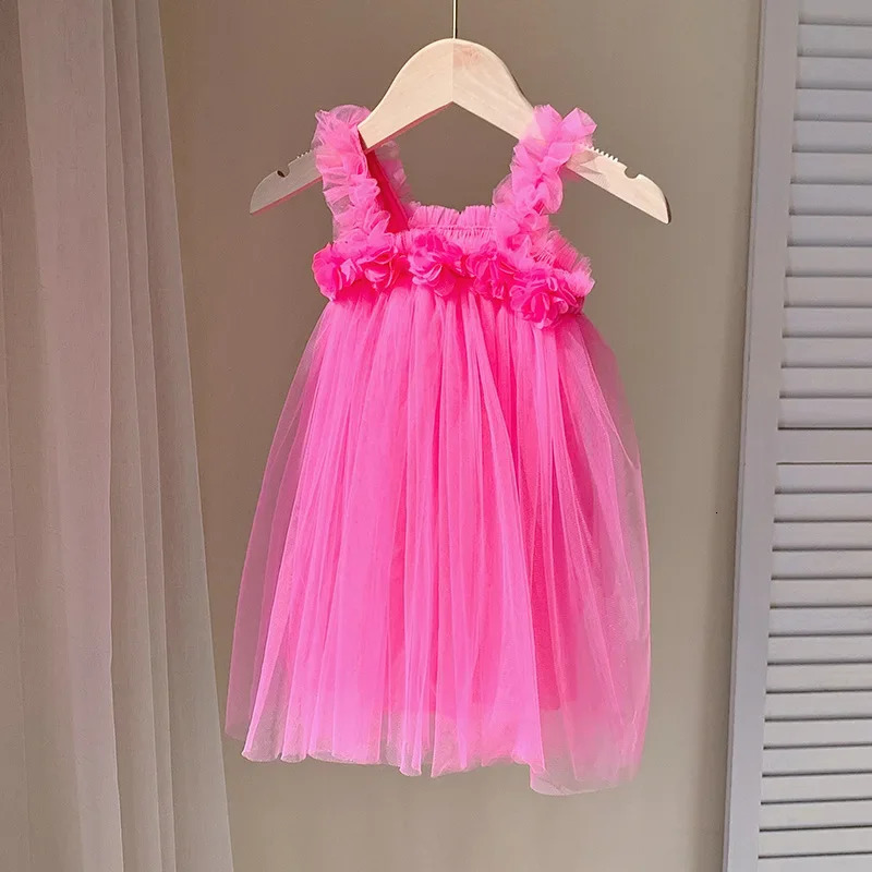Summer Kids Baby Girl Tulle Mesh Dress Flower Sling Sweet Children Solid Color Dresses for Girls Sundress Toddler Princess Dress 250213