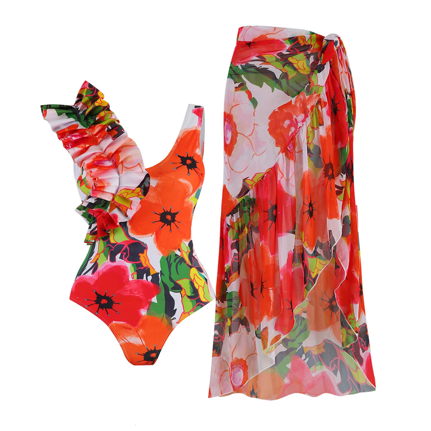 Floral Print Shoulder Ruffle One Piece Swimsuit With Cover Up Women Swimwear Sexy Swim Suit Monokini Bodysuit Bathing Suit 250214