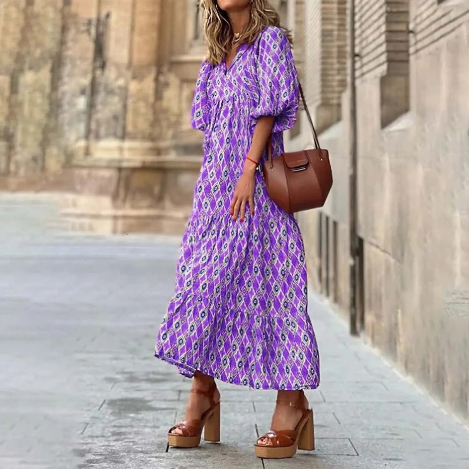 Womens Bohemian Maxi Dress Summer Floral Print Bell Sleeve Loose Flowy Dress Female Girls Holiday Long Dresses A Line Sundress 250213