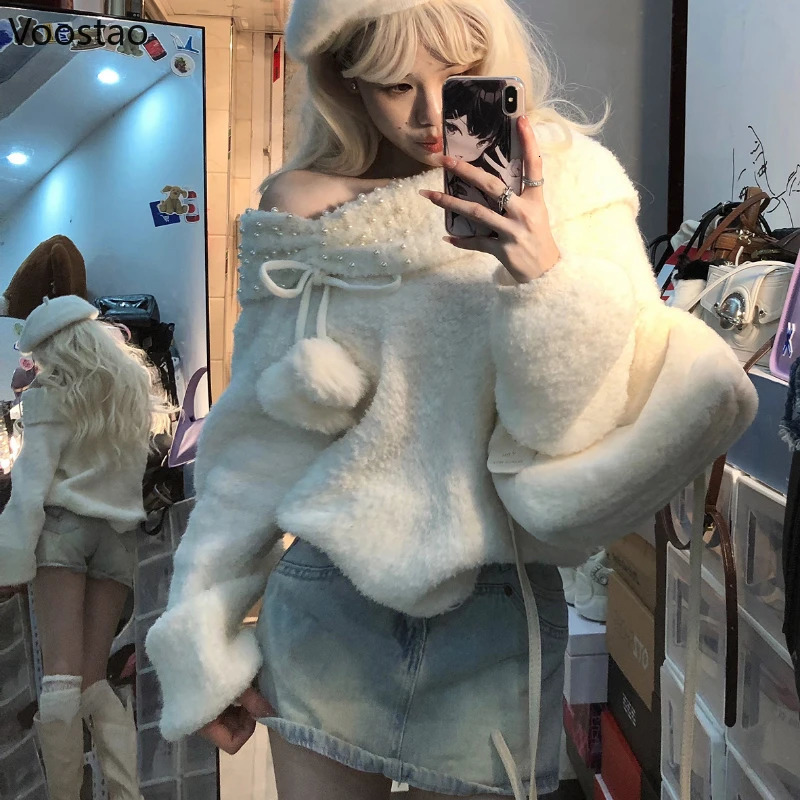 Harajuku Knitted Sweaters Autumn Winter Y2k Off Shoulder Long Sleeves Pearl Plush Ball Sweet Pullovers Women Casual Knitwear Top 250210