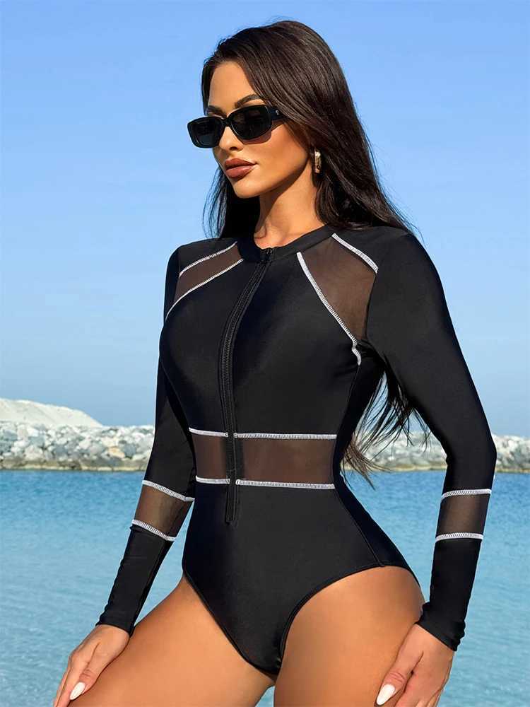 BIKINX Long Sleeve One Piece Swimsuit Surf Suit for Woman Black Korean Swimwear Style Sports Bathing Suits Ladies BeachwearW250214
