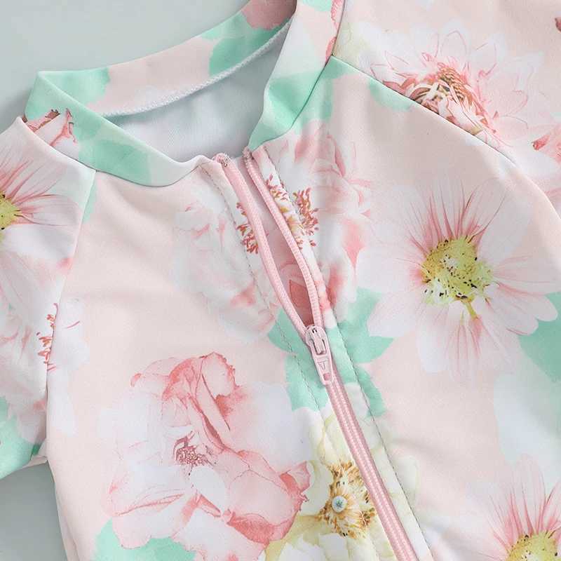 Toddler Girls Rash Guard Swimsuit Playsuits Short Sleeve Zipper Floral Print Baby Bathing Suit SwimwearXJ250214