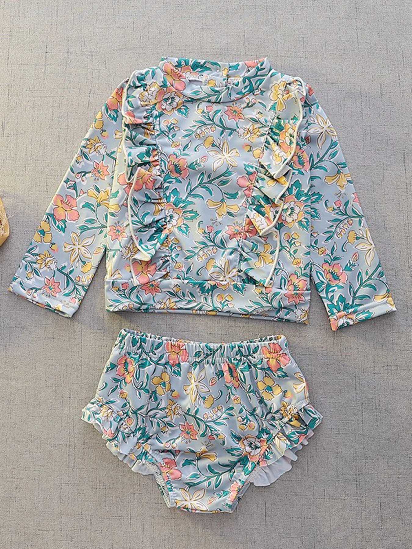 Two Pcs New summer baby girl swimsuit fashionable sun protection long sleeve children girl one-piece swimsuit seaside vacationXJ250214