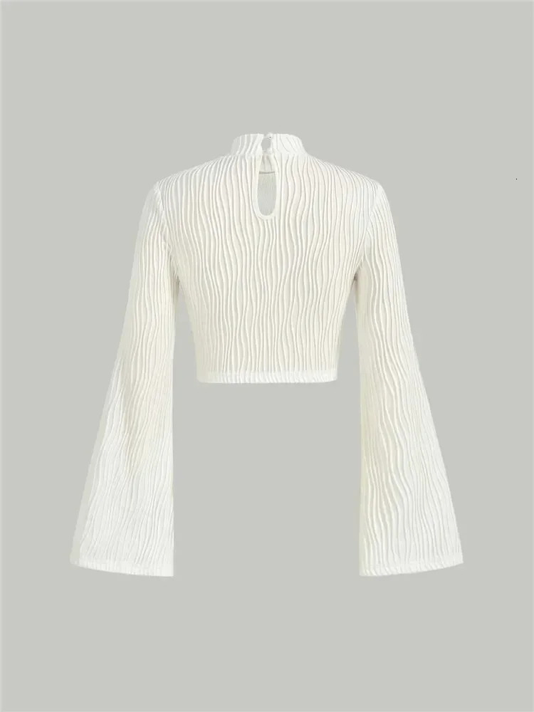 Women Textured Mock Neck Flare Long Sleeve Crop Top Fall Winter Elegant Preppy Style Y2K Rib Knit Slim T Shirt Blouse 250211