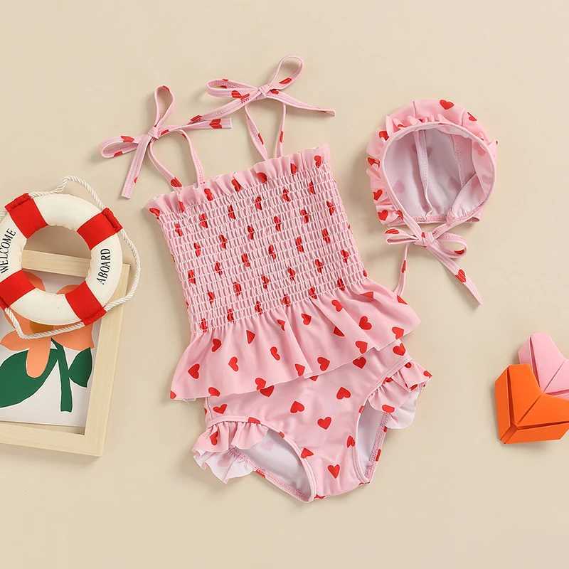 3Pcs Baby Girls Swimwear Bikini Set Heart Print Frilly Tank Tops+Shorts+Hat Swimsuit Bathing Suit for Toddlers Infants 0-24MXJ250214