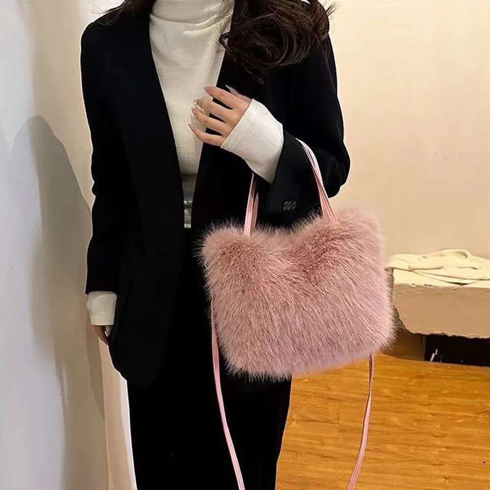 ISKYBOB Women's Imitation Fox Fur Handbags Plush Tote Fashion Fluffy Shoulder Bag Solid Color Winter Soft Crossbody Bags