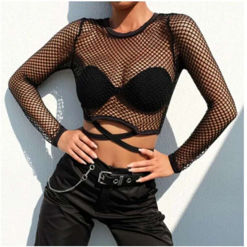 Sexy Grid Hollow Out Cross Strap Bare Midriff T Women Long Sleeves Bottoming Ladies Tee Shirt Tops Camisetas Mujer