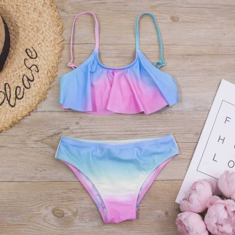 2024 New Foreign Trade Girls Ruffle Bikini Swimsuit Gradient Leopard Print New 230XJ250214