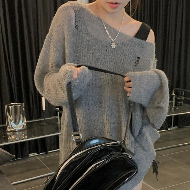 Y2K Womens Fluffy Off-shoulder Sweater Solid Color Loose Ripped Long Sleeve Knitwear Summer Fall Streetwear Pullover Cover Ups 250210