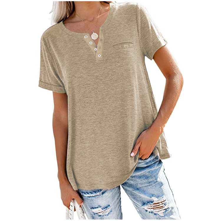 Free Shipping Designer Casual Fashion Versatile Spring/summer New Women V-neck Short Sleeved Pocket Loose T-shirt