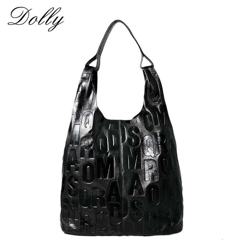 2025 New Letter Print Cowhide Tote Hanlebag For Women Casual Large Capacity Commuter Genuine Leather Armpit Shoulder Bag